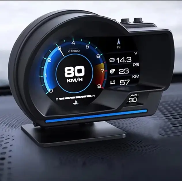 Close-up of a Lufi gauge display showing a speedometer dial at 80 km/h beside voltage, boost pressure and distance readouts